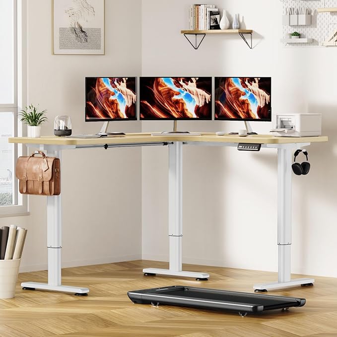 Flycity Electric L Shaped Standing Desk Adjustable Height 63 x 55 Corner Stand Up Table Home Office Desk Dual Motor Sit Stand Desk Computer Desk with 3 Memory Preset &amp Lock Maple