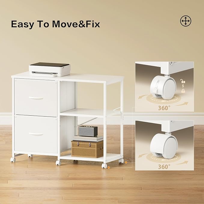 2-Drawer Fabric Lateral File Cabinet with Wheels Rolling Printer Stand with Open Storage Shelf for Home Office White