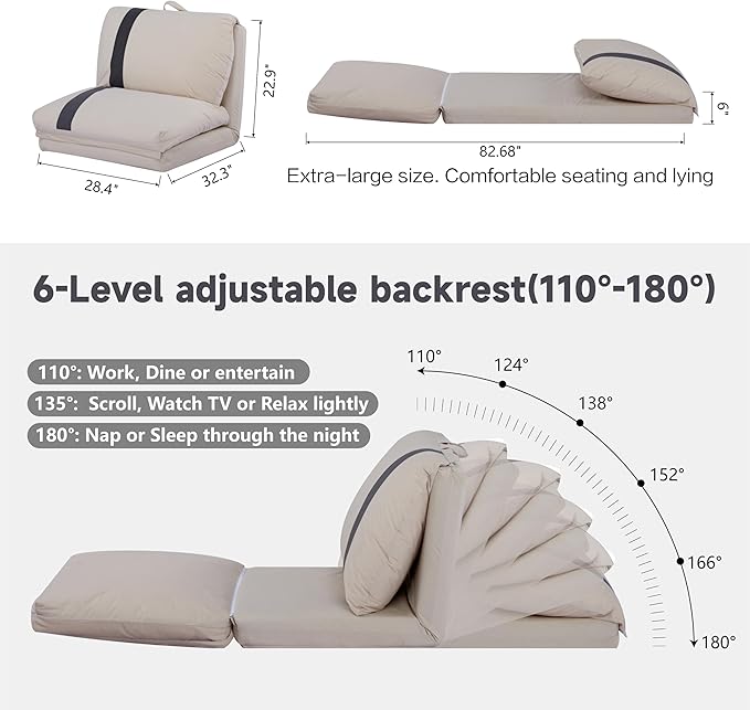 Folding Sofa Bed Human Dog Bed for Adult with 6-Position Adjustable Backrest Metal Frame &amp Handle Lazy Floor Lounger for Living Room Bedroom Apartment Beige