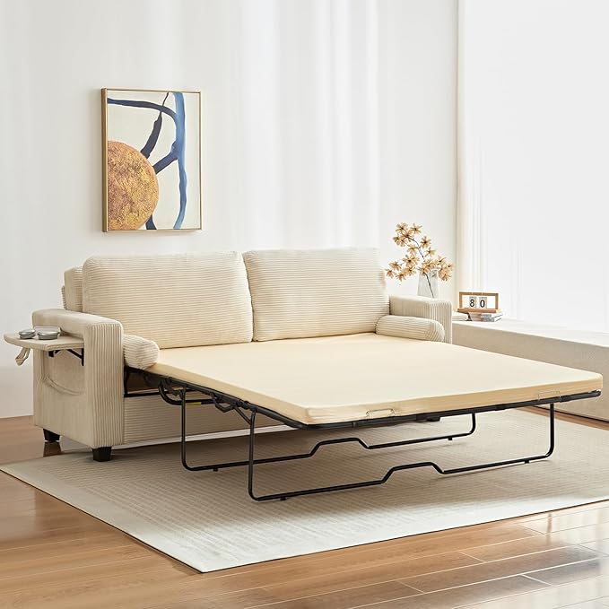 Mjkone 82 Width Queen Size Pull Out Sofa Bed Sleeper Couch with Pull Out Beds 2-in-1 Convertible Corduroy Loveseat Sleeper Sofa Couch Bed with Folding Mattress for Living Room Home Apartment Beige