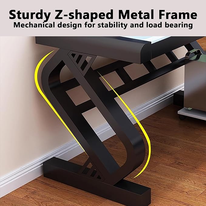 Tempered Glass Computer DeskModern Home Office Desk with Z-Shaped Metal LegsSturdy Writing Table for Home Office Dorm(Black)