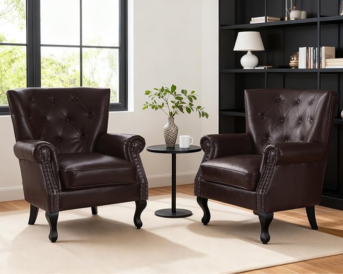 Modern Accent Chair Set of 2 Mid-Century PU Leather Armchair with Solid Wood Legs Single Sofa Chair for Living Room Bedroom Leisure Room or Reading Room(Caramel)
