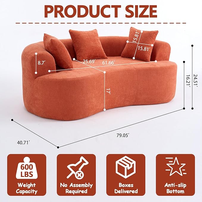 Luxury 80” Curved Loveseat Sofa Chenille Curved Couch with 2 Big Pillows &amp Extra Wide Armrests Comfy Upholstered Oversized Loveseat Couch &amp Sofa for Living Room (Orange 80 Inches)