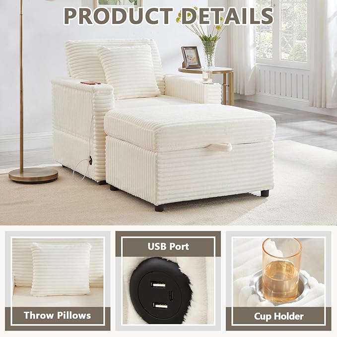 Chaise Lounge Chair Indoor with Ottoman Corduroy Sofa Bed with Table Board USB Ports Cup Holder &amp Pillow Boneless Chaise Lounge for Storage Space Living Room Bedroom Apartment (White)