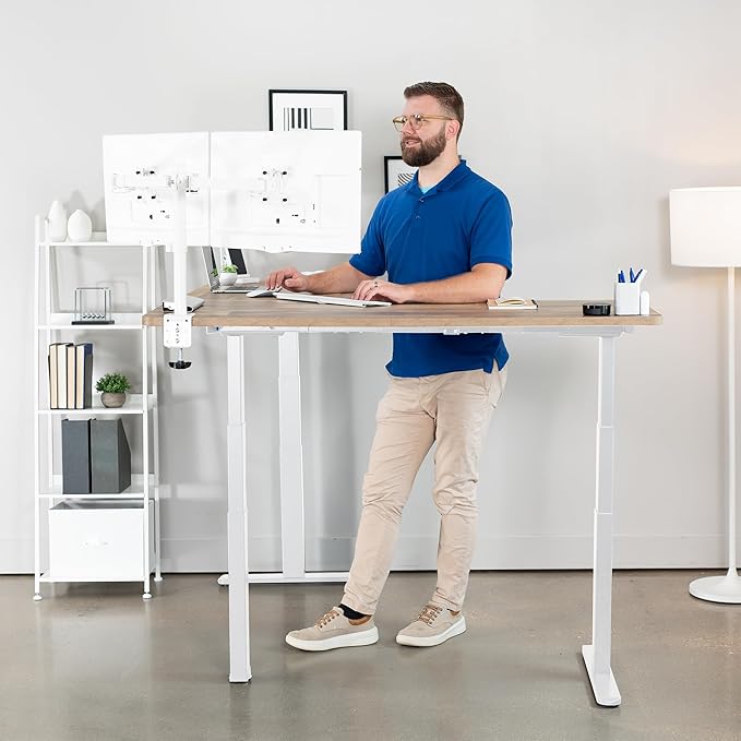 VIVO Electric Height Adjustable 67 x 60 inch Corner Stand Up Desk 2 Reclaimed Wood Solid Table Tops White Frame Memory Controller L-Shaped Workstation 3E Series DESK-KIT-3E6WP