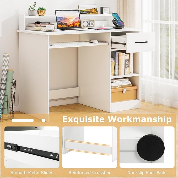Computer Desk with Drawers Study Table with Storage Shelves Keyboard Tray Power Outlet Wood Makeup Vanity Table Small Desk for Bedroom Study Living Room Home Office (White 35''H)