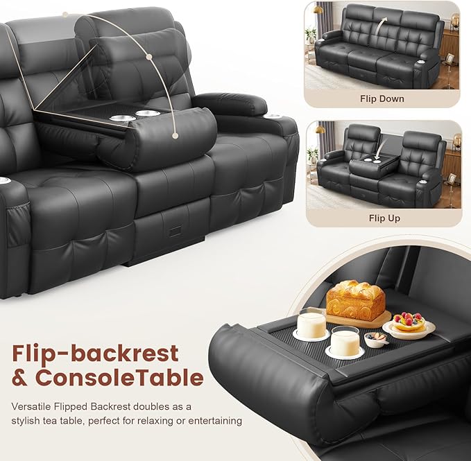 Recliner Sofa Massage Reclining Sofa 3 Seater Sets Heavy Weight Capacity RV Loveseat Couch Clearance with Flip Back Console Storage Cup Holders Wall Hugger Reclining Couch for Living Room