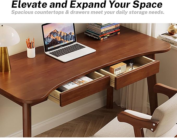 100% Solid Oak Writing Desk - Home Office Desk with Storage Drawers Modern Furniture with Curved Top Small Study Table for Bedroom(47 Inch White)