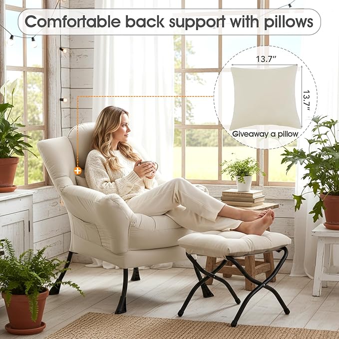 Lvory Lazy Chair with Ottoman Large Velvet Accent Chair with a Throw Pillow Comfy Leisure Sofa Chair for Living Room Bedroom Dorm Room Office Apartment Reading Relaxing Use
