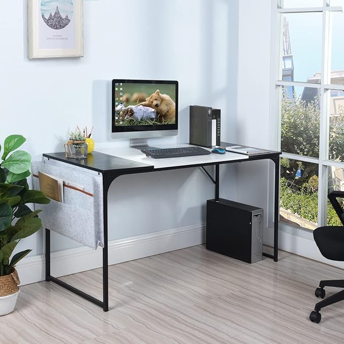 Homy Casa Modern Industrial Computer Desk 55.1 x 23.6 Writing Table White/Black MDF Wood Top Black Steel Frame Simple Assembly Home Office Desk