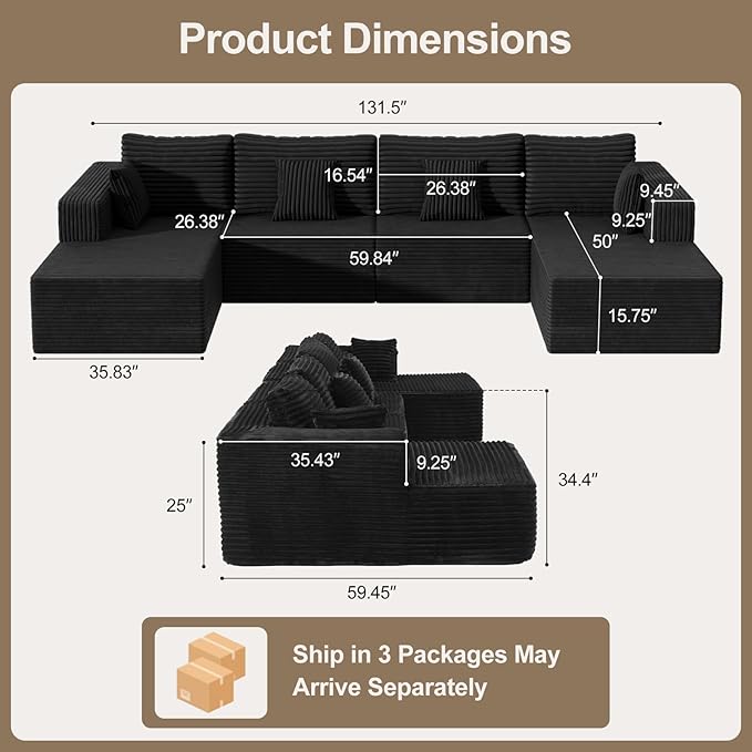 132 U Shaped Couch Oversized Modular Sectional Sofa with Chaise Corduroy U Shaped Couch with Deep Seat Boneless Couches for Living Room No Assembly Required Horizontal Striped Black