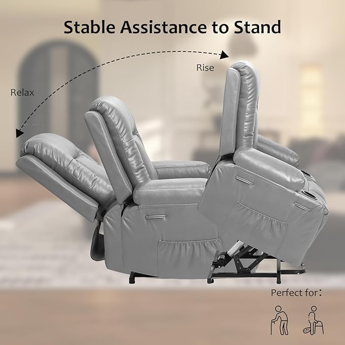 PU Leather Power Lift Recliner Chair Faux Leather Recliner Chair Sofa with Massage and Heat Remote Control Electric Stand Assist for Elderly and People Limited MobilityGrey