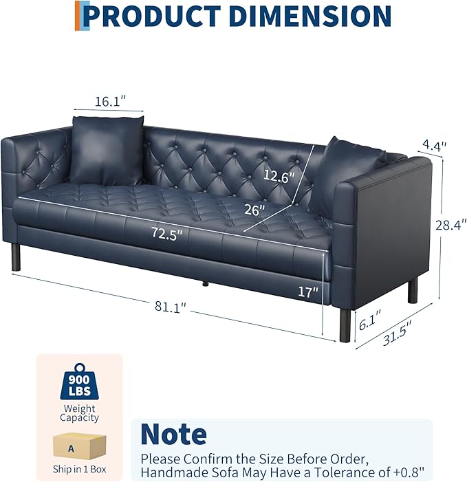Garvee 81 Inch Leather Couch for Living Room Modern Leather Sofa with Deep Seat Handmade Button Tufted 3 Seater Sofa Chesterfield Couch for Apartment Office Black Blue