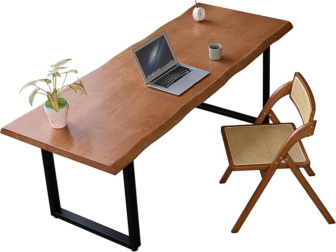 Solid Wood Office Desk with Metal Base Stylish Durable Multi-Size Options Executive Computer Desk or Dining Table Quality Solid Wood Design Perfect for Home Office or Work Environment (Tan55.12in)