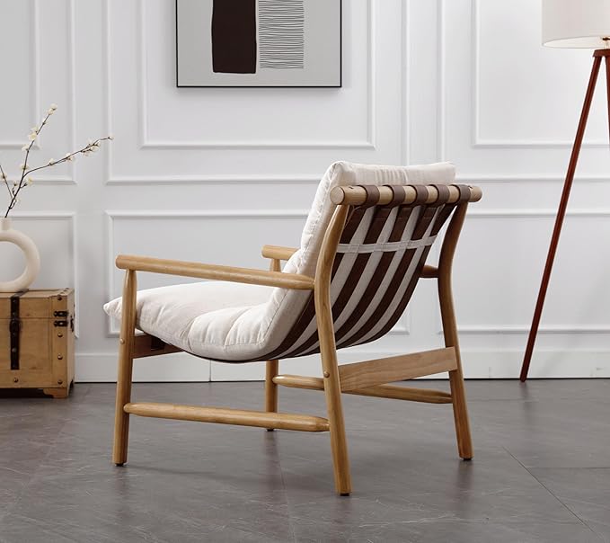 Linen Accent Chair Mid Century Modern Living Room Chairs Comfy Arm Chair with Solid Wood Frame Upholstered Lounge Reading Chair Cozy Recliner for Bedroom/Guest Room Beige