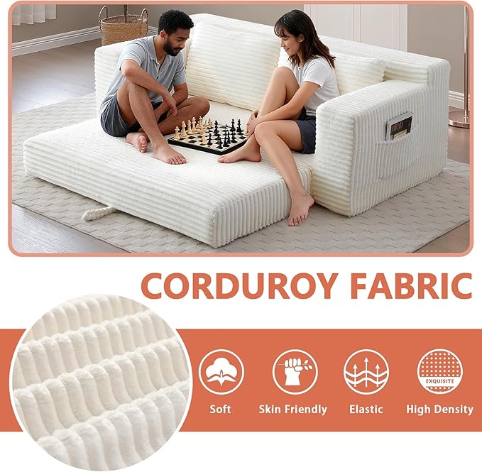 73 Boneless Loveseat Couch 2 in 1 Pull Out Sleeper Sofa with Side Pockets &amp 2 Pillows Folding Convertible Corduroy Floor Couch for Apartment Living Room Bedroom No Assembly(Beige)