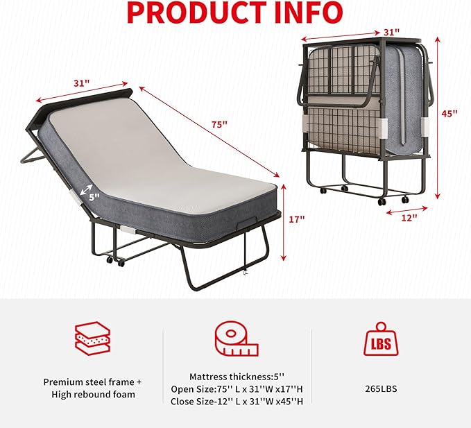 PUREMIND Rollaway Bed with Mattress for Adults Twin Size Folding Bed with 5” Foam Mattress Portable Foldable Guest Beds - Sturdy Metal Frame &amp Dustproof Bag Hideaway (75 x 31)