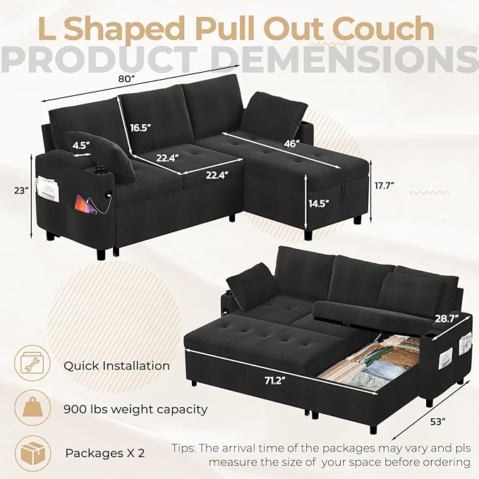 Sleeper Sofa Couch with Pullout Bed 83.5 Sectional Sofa Bed Couches for Living Room Apartment Pull Out Couch with USB Charing Reversible Storage Chaise Cup Holder Linen Fabric Black