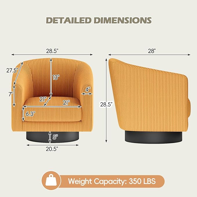 360° Swivel Accent Chairs Set of 2 Modern Bucket Chair Corduroy Barrel Armchair Comfy Boucle Chair Single Sofa for Living Room Bedroom. Orange