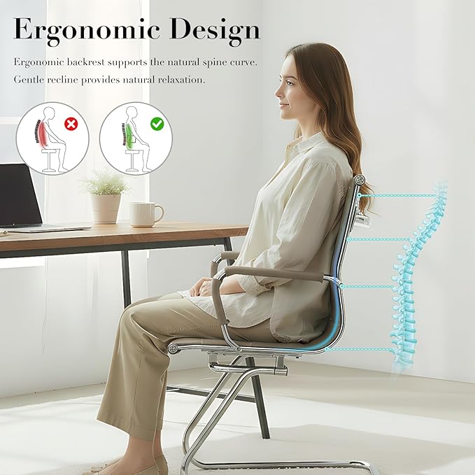 CIMOTA Waiting Room Chairs Leather Office Guest Chair Mid Back Reception Chairs with Sled Base for Meeting/Patient/Conference Room Light Brown Set of 2