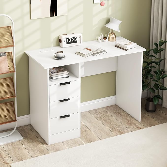 NAFORT Home Office Computer Desk with 3 Storage Drawers Writing Table with Storage Shelf Gaming Desk with Charging Station Laptop PC Desk with Power Outlet for Small Space White