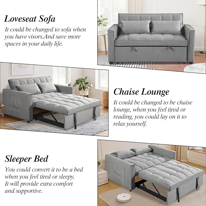 Sleeper Sofa Velvet Pull Out Sofa Bed Convertible Sofas Adjustable Backrest Pullout Loveseat Sofa Couch Side Pocket for Living RoomOfficeSmall SpaceGrey