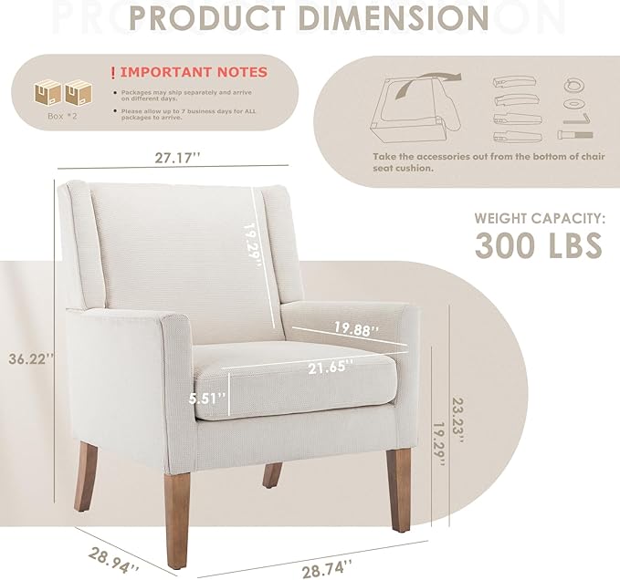 COLAMY Modern Wingback Living Room Chair Set of 2 Upholstered Fabric Accent Armchair Single Sofa Chair with Lounge Seat and Wood Legs for Bedroom/Office/Reading Spaces Beige