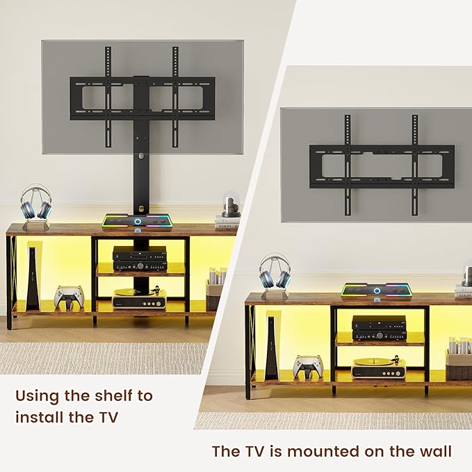 TV Stand with Mount and LED Lights Universal TV Stand Mount for 32-75 inch TV Entertainment Center with Storage Metal TV Console Table Height Adjustable TV Stands for Living Room Rustic Brown