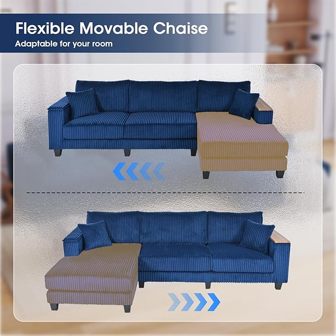 114.5” Corduroy Sectional Couch with 2 Pillows with Reversible Chaise Oversized Sofa L Shaped Couch with Two Armrests Hidden Storage Space Sectional Couches for Living Room Blue