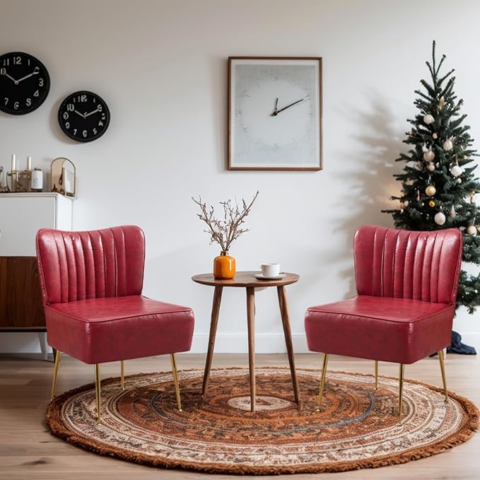 PU Leather Armless Accent Chair Set of 3Modern Comfy Living Room Slipper Chairs with Golden LegsUpholstered Single Sofa Wingback Side Corner Chair for BedroomSmall SpaceWine Red