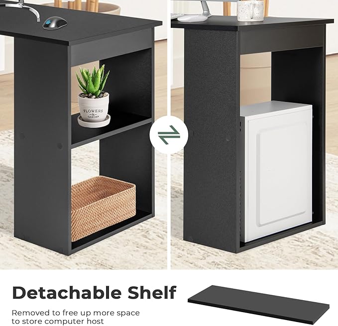 Giantex 48 Inch Computer Desk with Bookshelf 3-in-1 Home Office Desk with 4-Tier Bookcase &amp CPU Stand Space-Saving Reversible Writing Desk Work Table for Bedroom Study Room Office (Black)