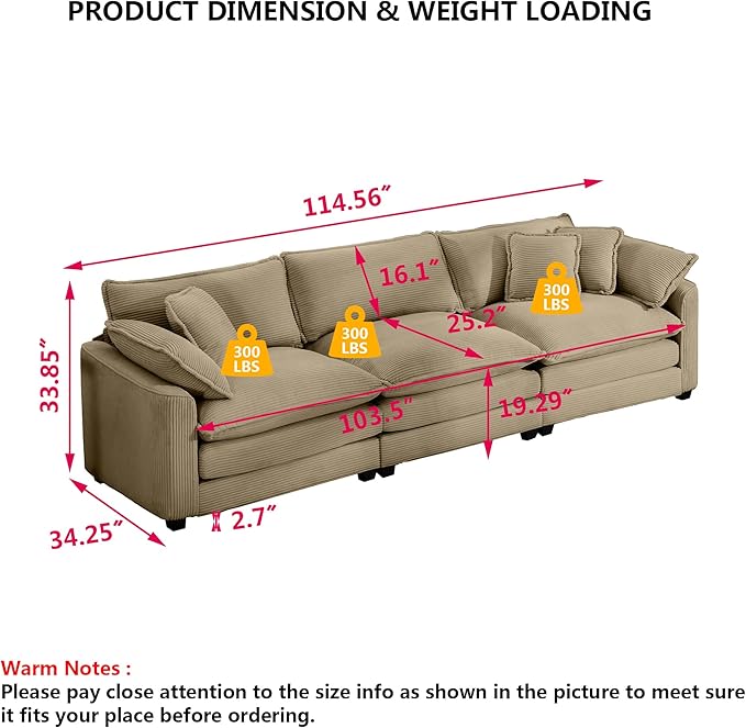 Aoowow Corduroy 3 Seater Sofa CouchModern Large Cloud Couches for Living RoomModular Sectional Cloud Sofas with Deep SeatOversized Tufted 3 Seat Sofa Set. (Tan 3 Seater)