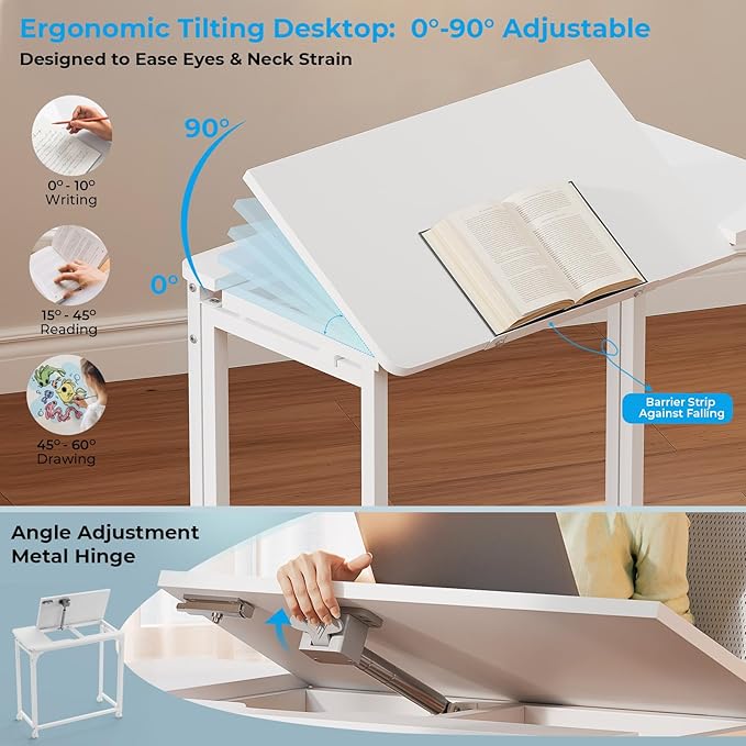 GreenForest Folding Desk with Adjustable Tiltable Desktop 0-90° 31.5 inch Small Drafting Table with Wheels Foldable Craft Table for Drawing Reading Writing Laptop Work White