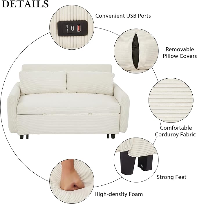 Modern 57.48 Pull-Out Sofa Bed 2 Seater Loveseats Sofa Futon Couch with Adjustable Backrest Convertible Couch Sleeper Sofa with Two Throw Pillows for Living Room (BeigeCorduroy Fabric)