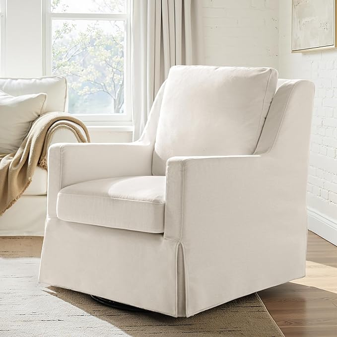HULALA HOME Swivel Rocker Chair Farmhouse Swivel Rocking Accent Chair with Washable Slipcover Fabric Upholstered Barrel Armchair with Down Filled Cushions Ivory