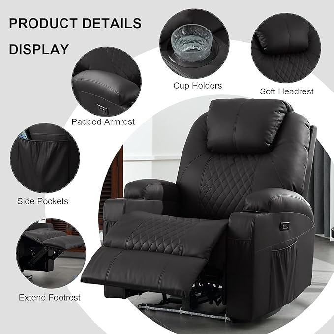 Power Recliner Chair with Heat and Massage PU Leather Home Theater Seating with LED Lights/Cup Holders/Side Pocket/USB Port Reclining Sofa Chair for Living Room (2 Black)
