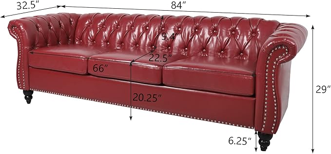 ORRD Chesterfield Sofa Leather Modern PU Tufted Couch 3 Seater with Rolled Arms and Nailhead for Living Room Bedroom Office Apartment (Burgundy)