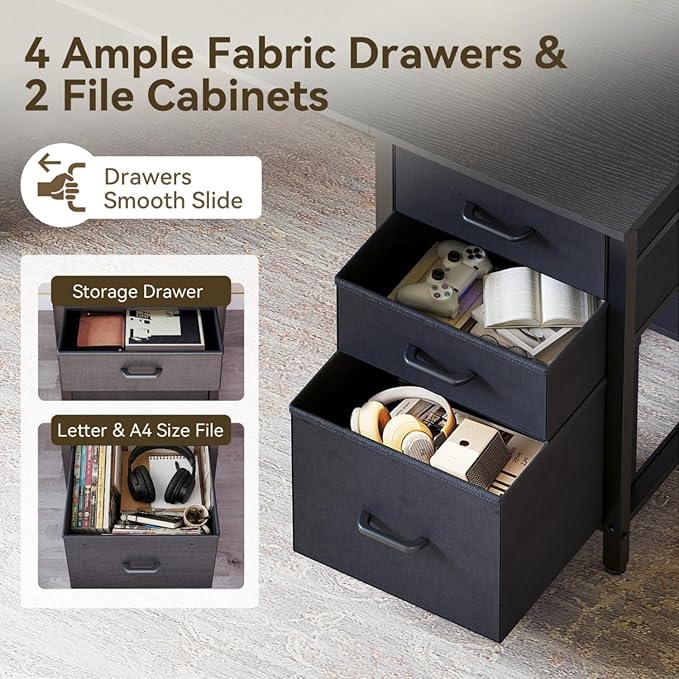 ODK 63 Inch Office Desk with 6 Fabric Drawers Large Computer Desk for Home Office with Hidden Storage Shelves Black