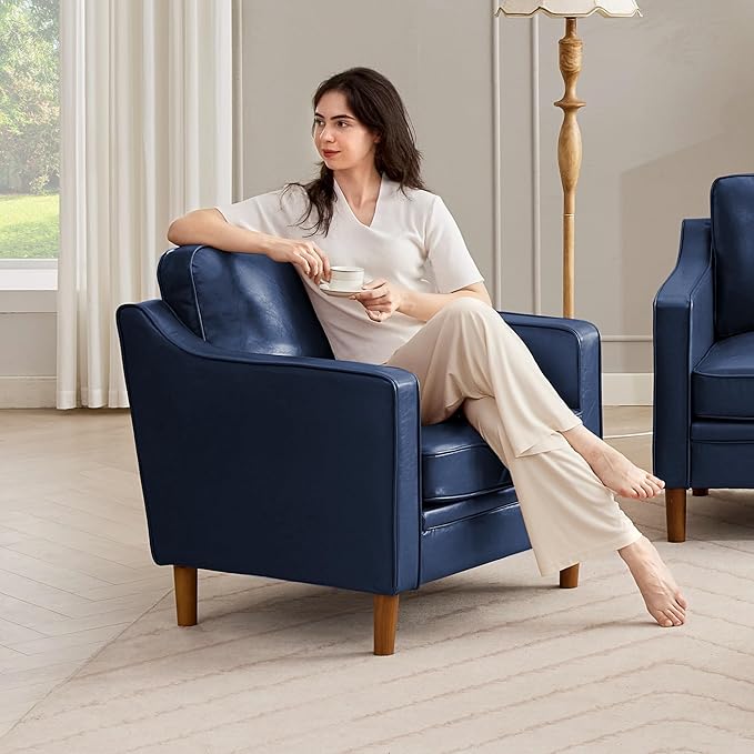 Kingfun Accent Chair Living Room Chairs Faux Leather Reading Armchair Mid Century with Solid Wood Foot Upholstered Modern Decor for Bedroom Apartment Royal Blue