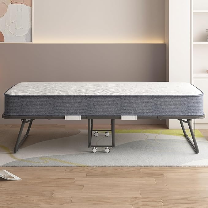 PUREMIND Folding Bed with Mattress for Adults Portable Rollaway Guest Beds with 5 Memory Foam Mattress &amp Metal Frame Twin Size Foldable Beds Fold Away Bed Space Saving