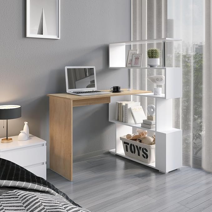 41.7 L Shaped Desk with 4-Tier Storage Shelves Computer Corner Desk for Study Home Office Living Room (Oak and White)