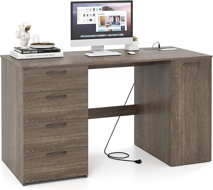 Tangkula 53 Computer Desk with 4 Storage Drawers &amp Cabinet Home Office Desk with Charging Station 5-Level Adjustable Shelf &amp Cable Management Hole Writing Study Desk Modern Executive Desk
