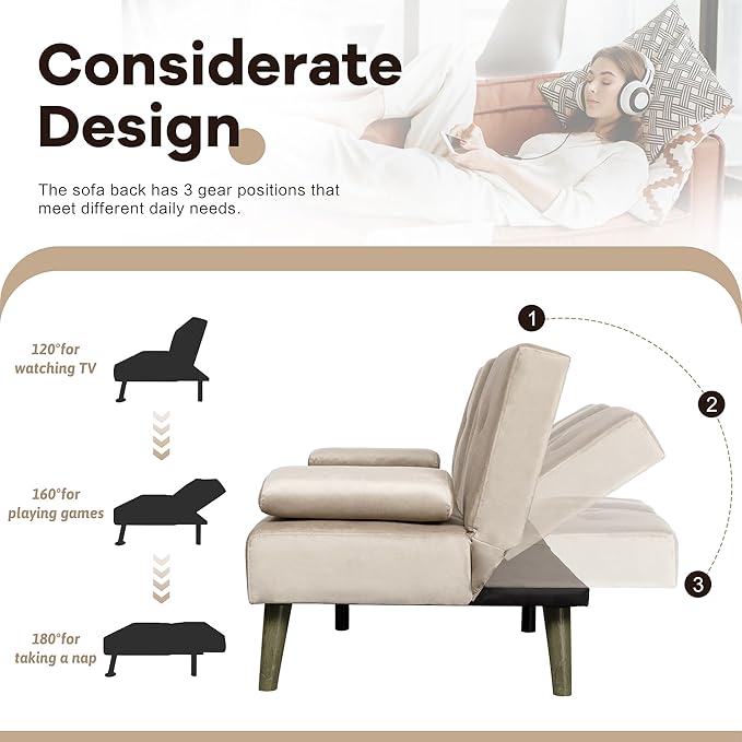 Walsunny Futon Sofa Bed Convertible Sofa Couch Bed Velvet Futon Couch with Cup Holder Sleeper Sofa with Adjustable Backrest for Living Room Small Space
