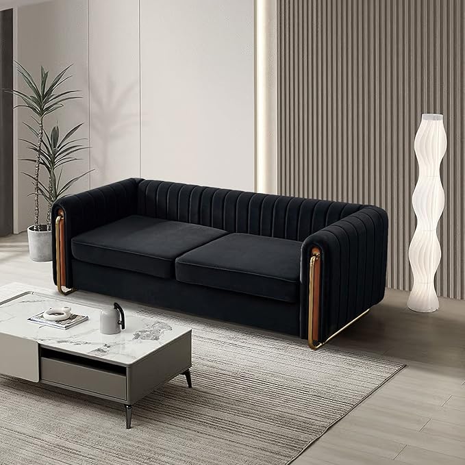 kevinplus 84.2'' Velvet Chesterfield Sofa Couch for Living Room Modern Luxury 3-Seat Upholstered Sofa Couch for Apartment Bedroom Dorm Office Strong Gold Metal Legs (Channel Backrest Black)