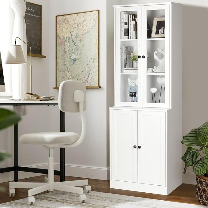VOWNER Vertical File Cabinet 3-Tier Modern Bookshelf with 3 Large Drawer Wood Filing Cabinet with Open Storage Shelf Glass Doors and Adjustable Shelves for Home Office White (B)