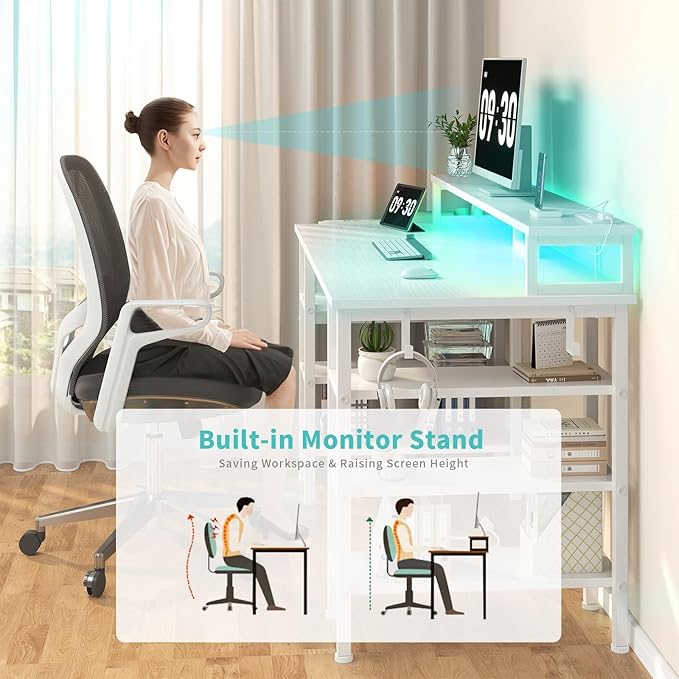 Lufeiya White Desk with Storage Shelves - 47 inch Home Office Gaming Desk with Monitor Stand Computer Desk with LED Lights and Power Outlets White