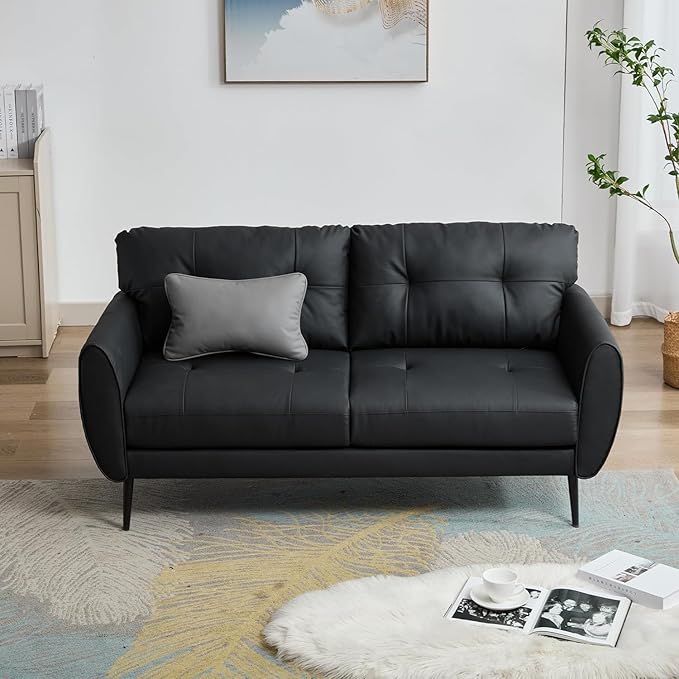 TYBOATLE Sofa Couch 61 Small Loveseat Couches for Living Room Black Faux Leather Couch Mid Century Modern Tufted Mini Sofa Comfy Office 2 Seat Settee Love Seat Couches for Small Spaces Bedroom