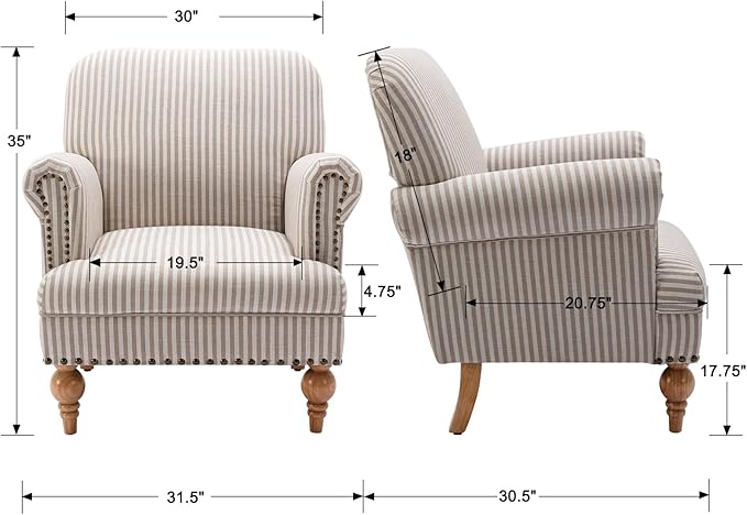 Linen Accent Chair Mid-Century Modern Living Room Armchair with Nailhead Trim &amp Wood Legs Comfy Upholstered Single Sofa Chair for Lounge/Bedroom/Reception Khaki Stripe