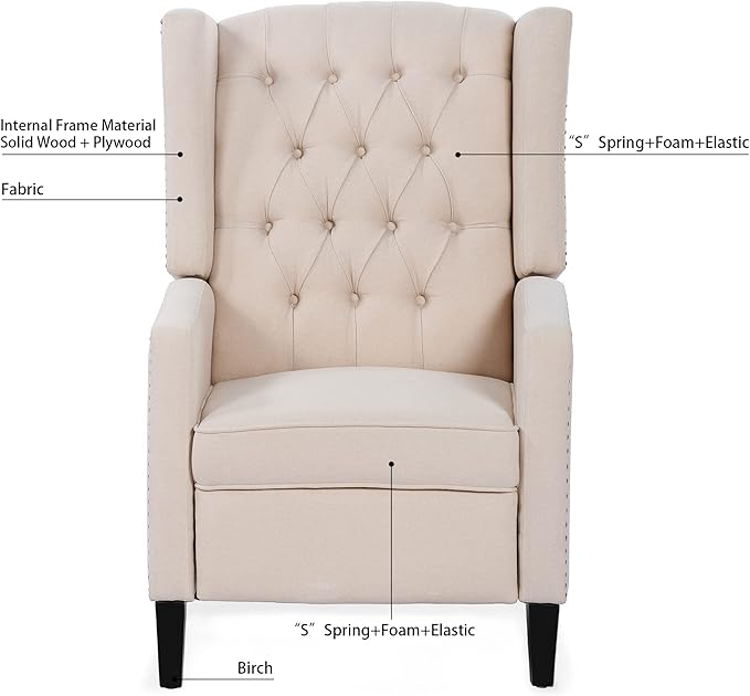 Push Back Recliner ChairEasy Chairs for Small SpacesComfy ArmchairReading Recliner Chairs for AdultsLiving Room Accent Chair Wingback and Rivets Design for Modern Recliner Chair(White)