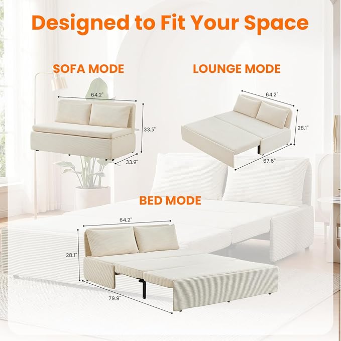ijuicy 3 in 1 Pull Out Sofa Bed Queen Corduroy Sleeper Sofa with Pullout Bed Convertible Loveseat Couch Beds with Pillows and Tri-fold Mattress for Small Spaces Apartment-Beige